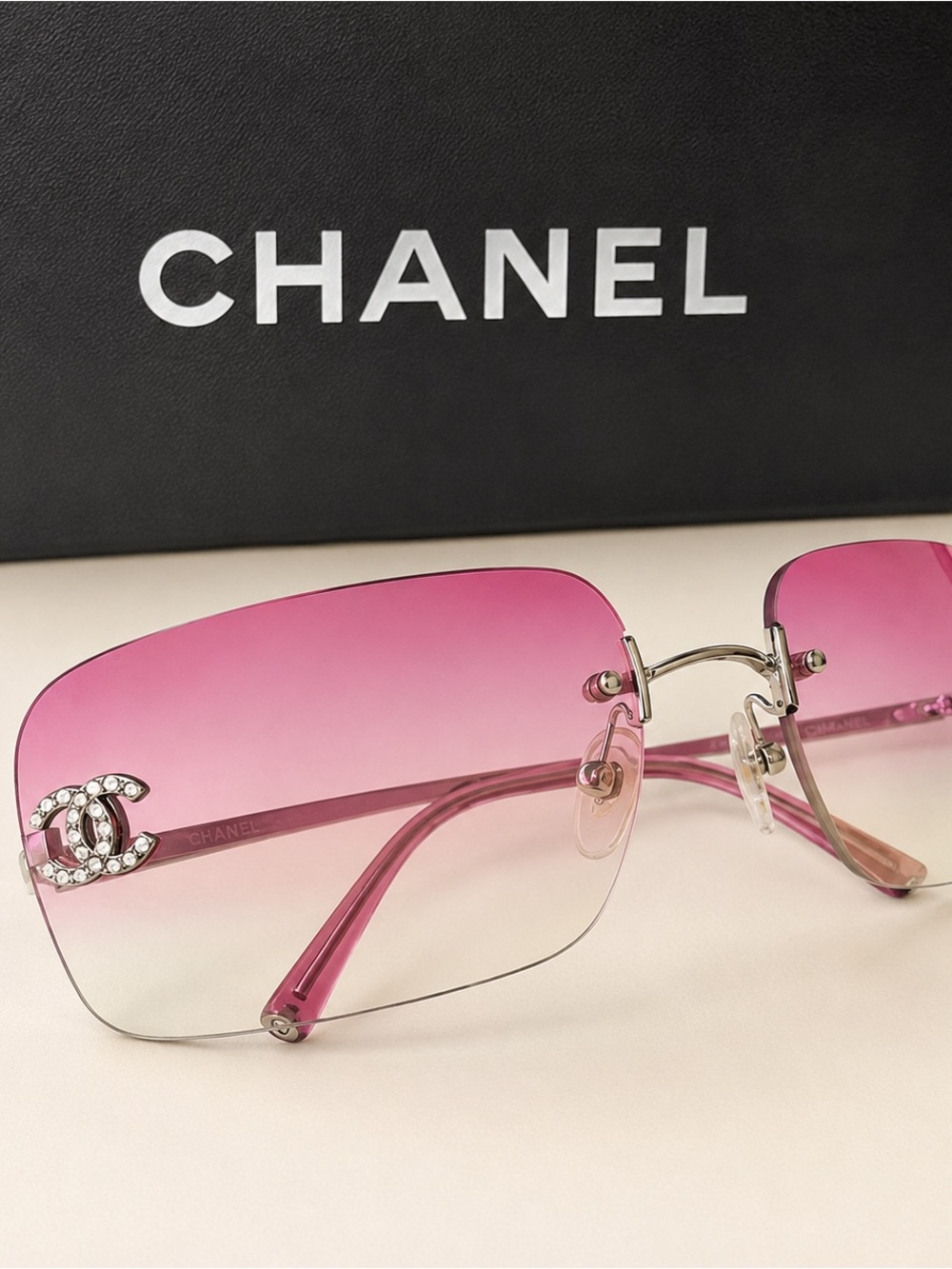 CHANEL Pink Gradient Rimless Sunglasses Crystal CC Detail , no booklet cloth